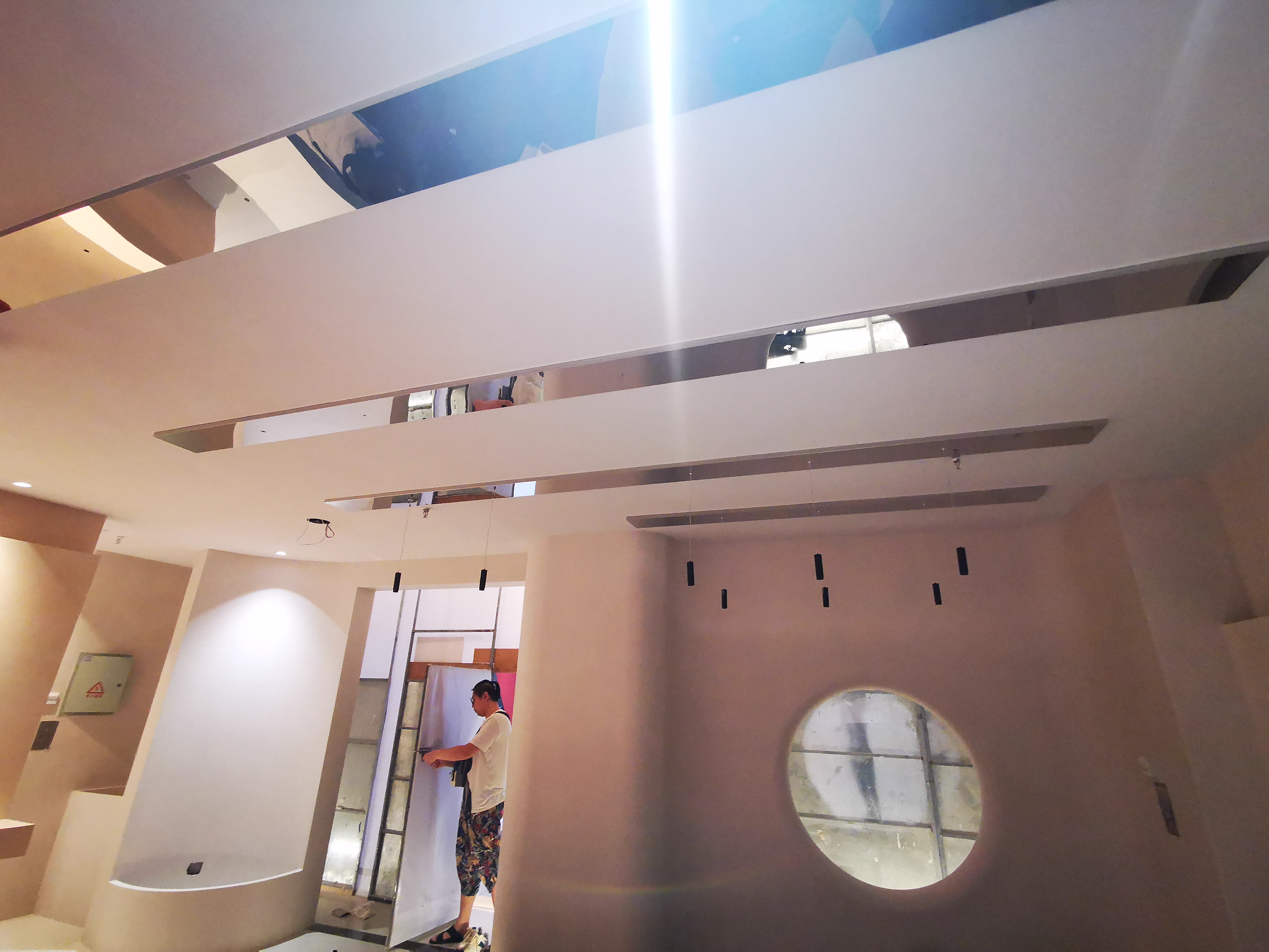 Real shot of red curved surface exhibition space database