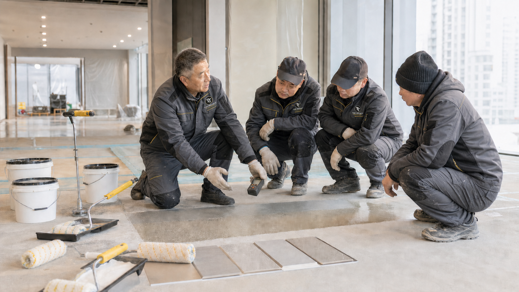 TOP PROJECT 技术团队在施工现场检测连续地面基层